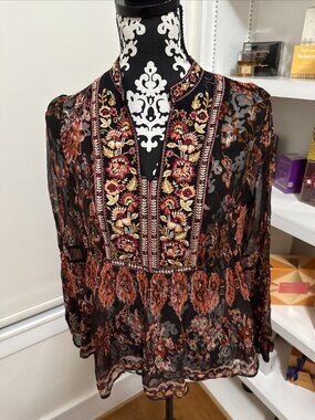 Ritu Kumar Womens Floral Print Tunic Top 3 Beaded Flowy Boho Indie embroidered